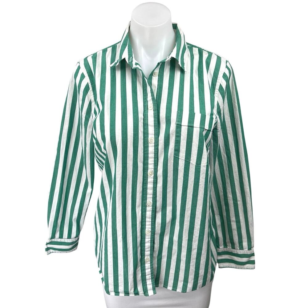 J.Crew Green White Striped Long Sleeve Collar Pocket Button Up Shirt Top Size L